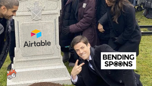 Tombstone meme with Airtable on the tombstone and Bending Spoons happy in front