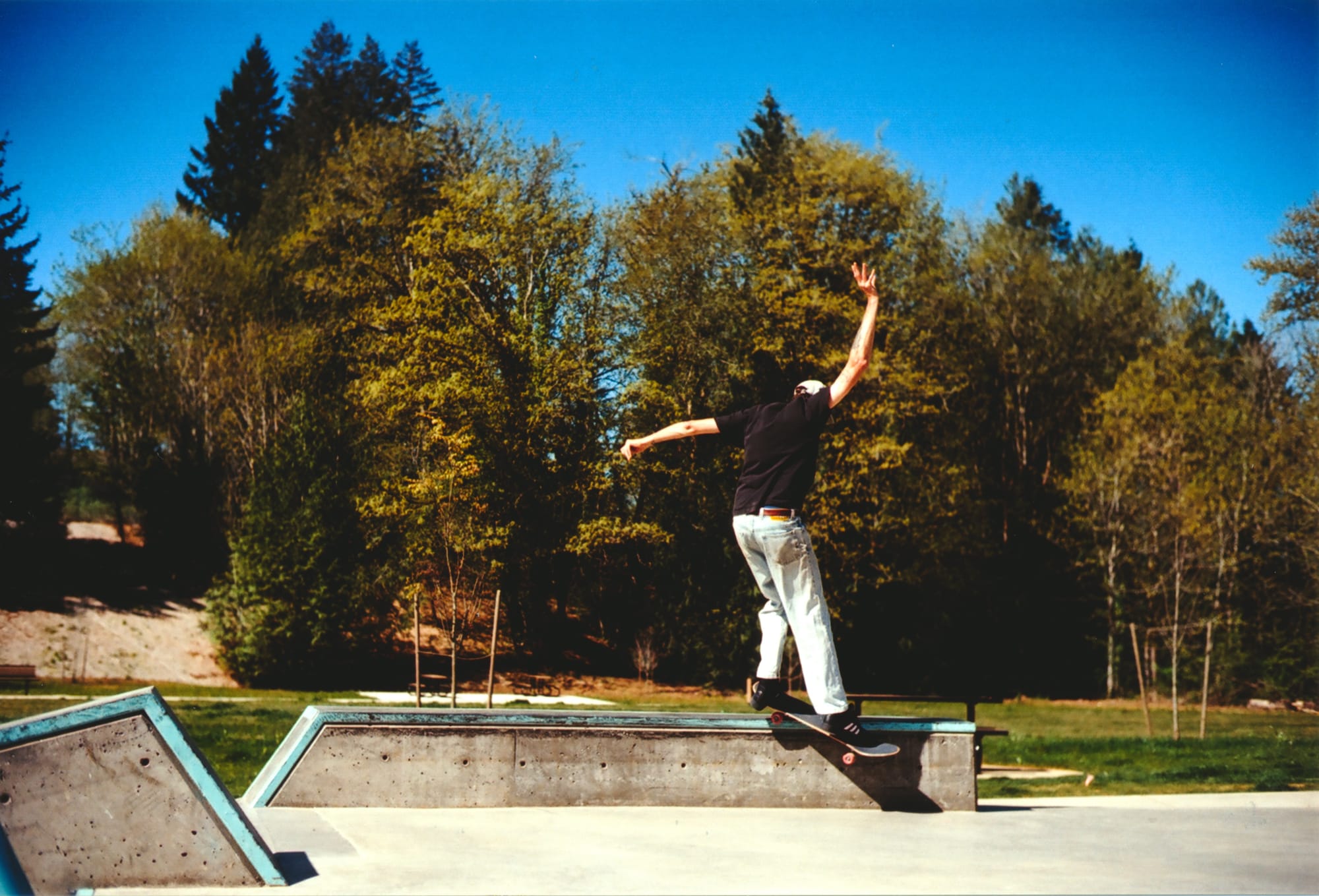 A goofy footed skateboarder does a smith grind on a ledge with a background of green trees and blue sky.