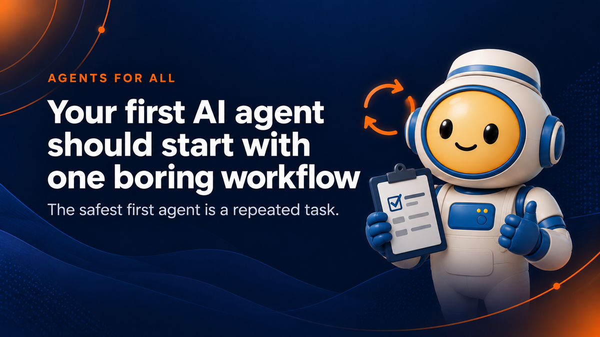 Argo holds a checklist beside the headline “Your first AI agent should start with one boring workflow,” representing a simple repeated task.