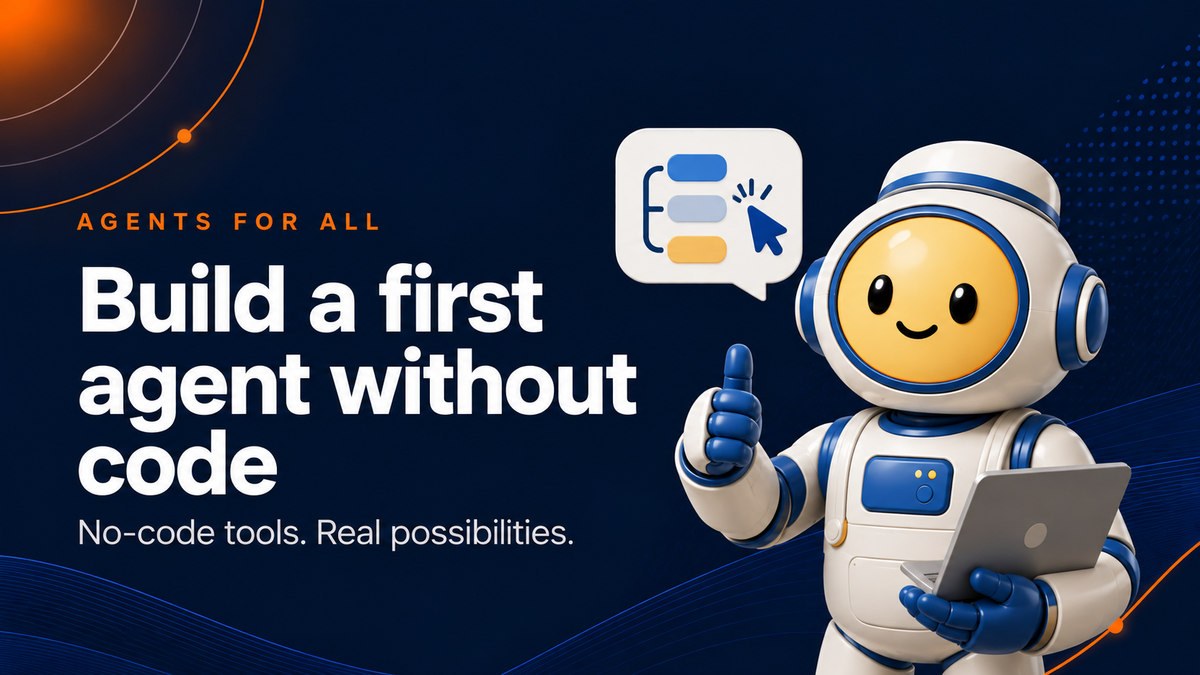 Argo gives a thumbs-up beside the headline “Build a first agent without code,” with a simple no-code workflow icon.