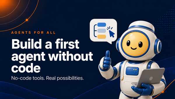 Argo gives a thumbs-up beside the headline “Build a first agent without code,” with a simple no-code workflow icon.