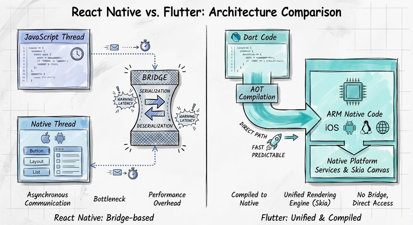 Architecture comparison: React Native bridge vs Flutter direct compilation