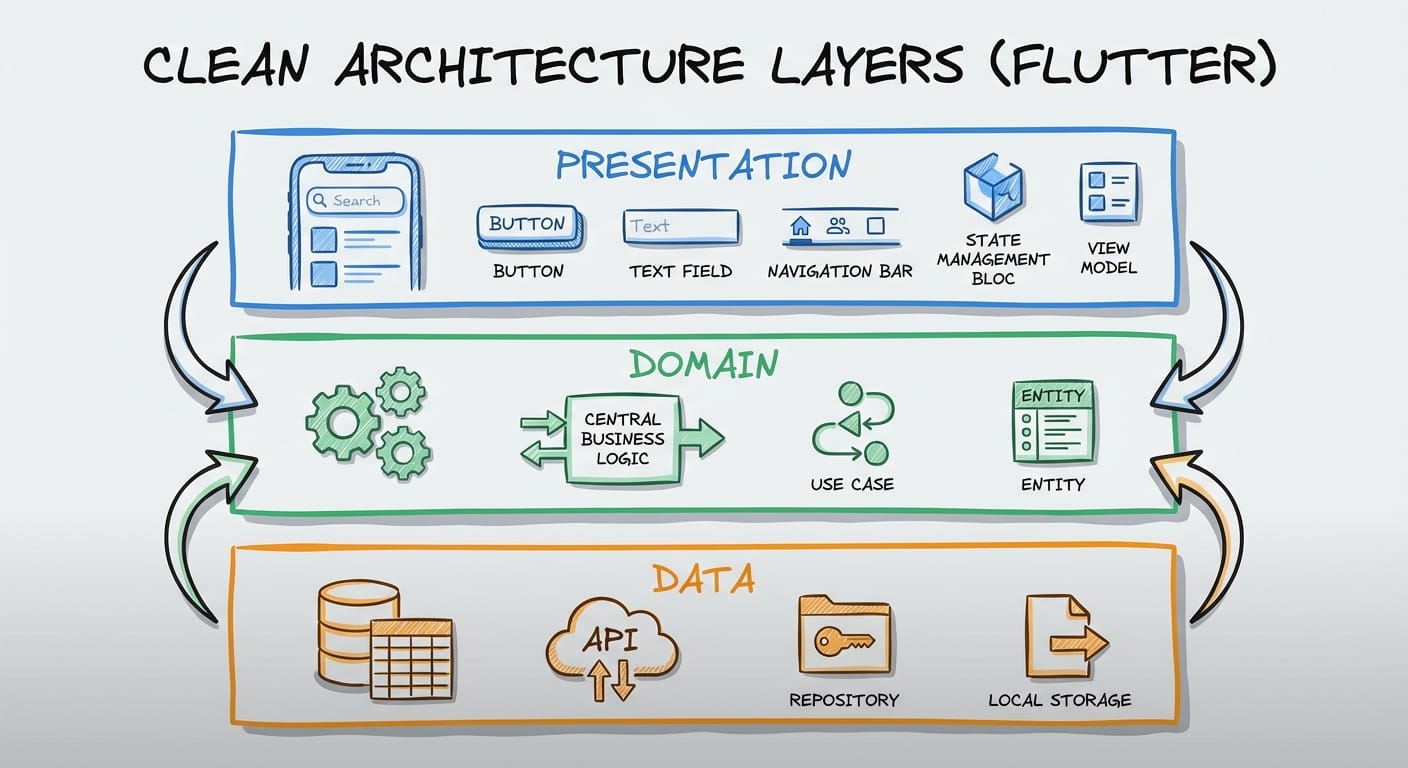 Flutter clean architecture three layers: presentation, domain, and data with dependency arrows