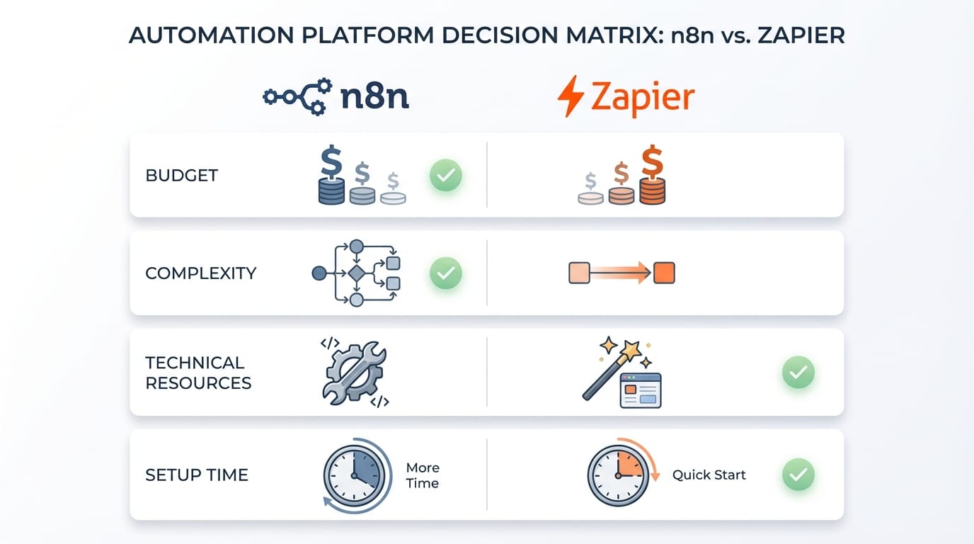 Decision matrix comparing n8n and Zapier across budget, complexity, technical resources, and setup time