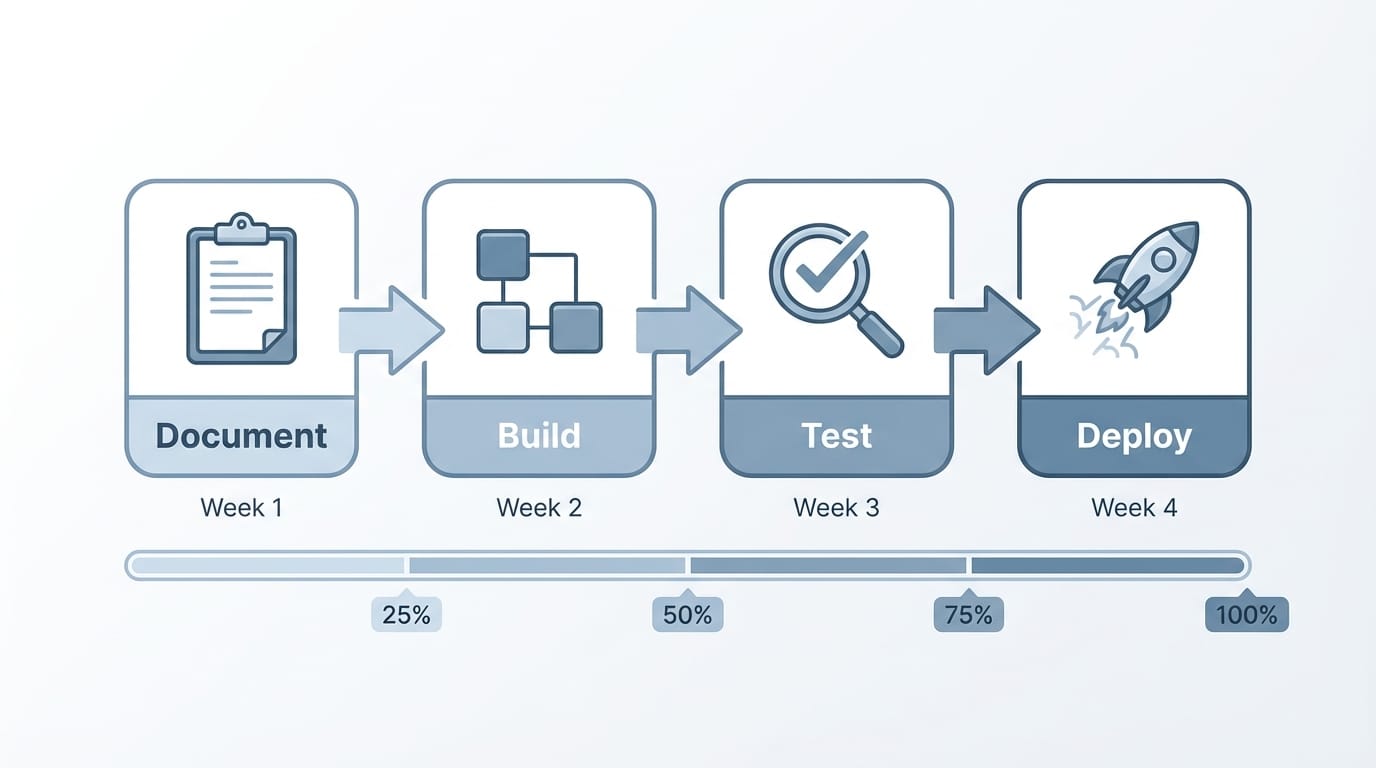 Four-week timeline showing automation build phases: Document, Build, Test, Deploy