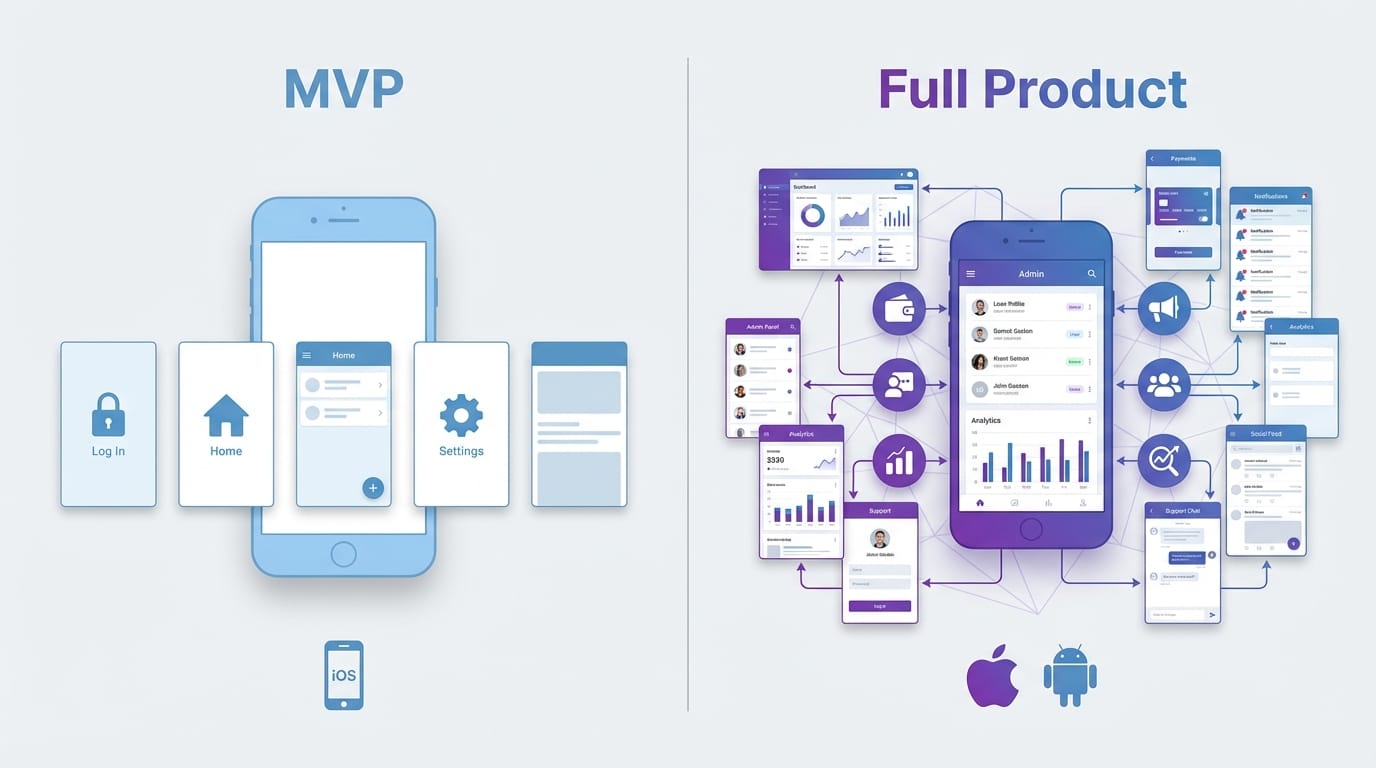 Comparison diagram showing MVP scope with 5 screens versus full product scope with 20+ screens and multiple integrations