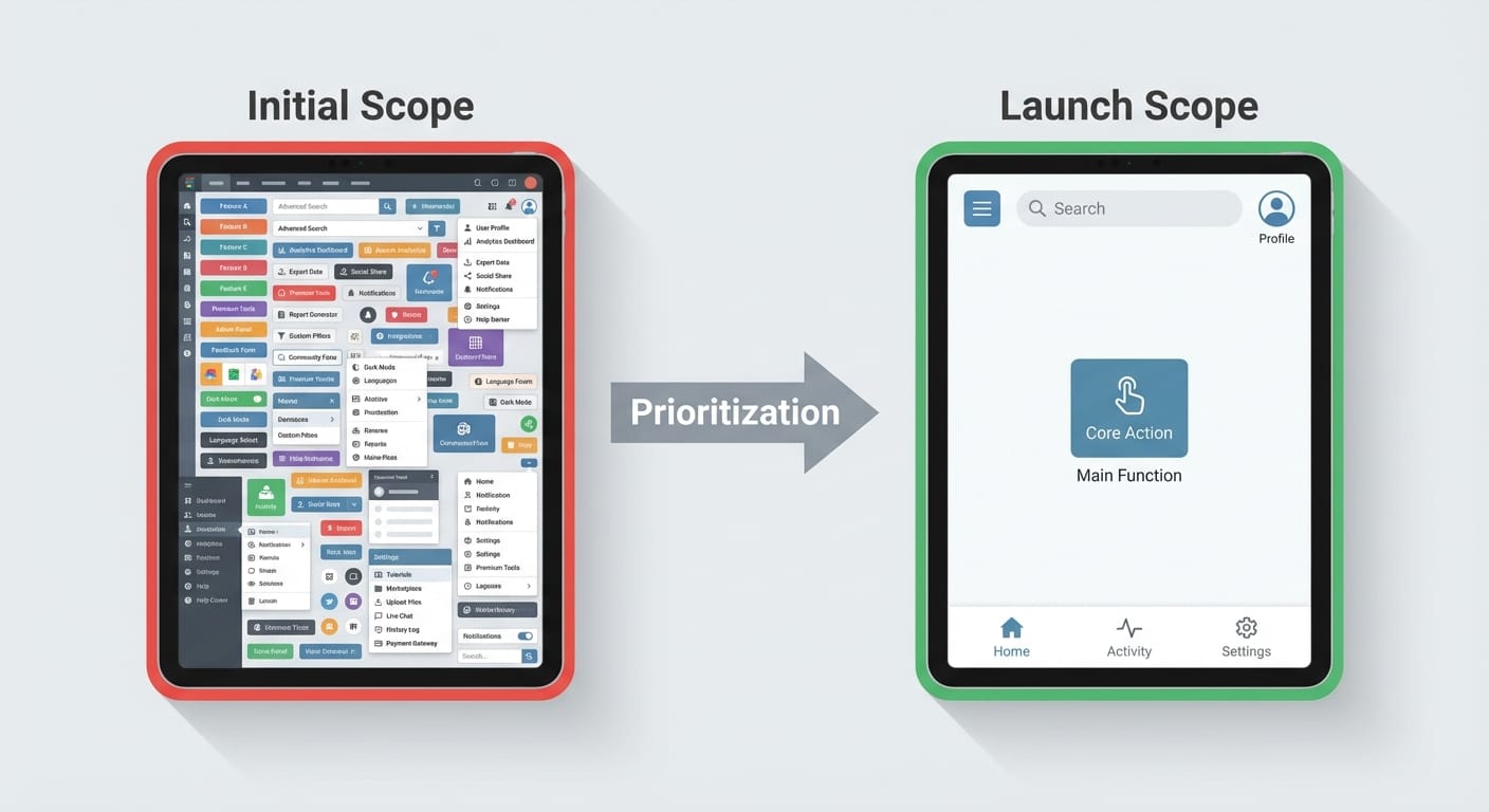 Before and after comparison showing cluttered initial scope versus clean prioritized MVP