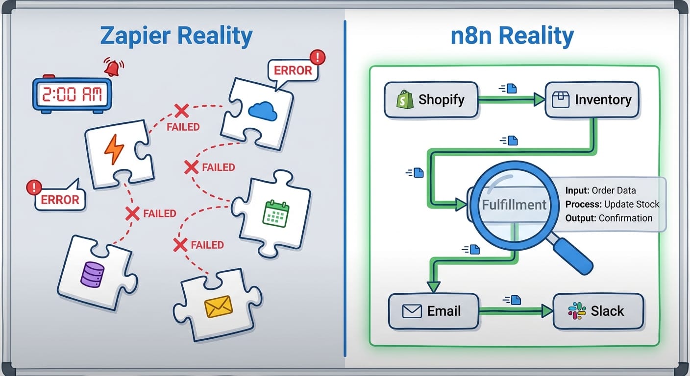 Comparison of disconnected Zapier workflows versus unified n8n automation flow
