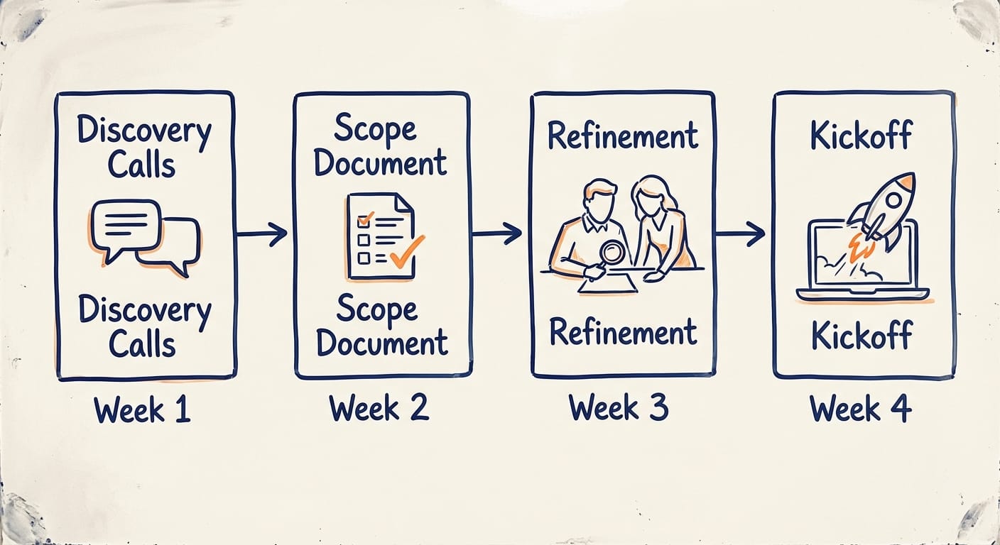 Flowchart of app development onboarding timeline from discovery to kickoff over 4 weeks