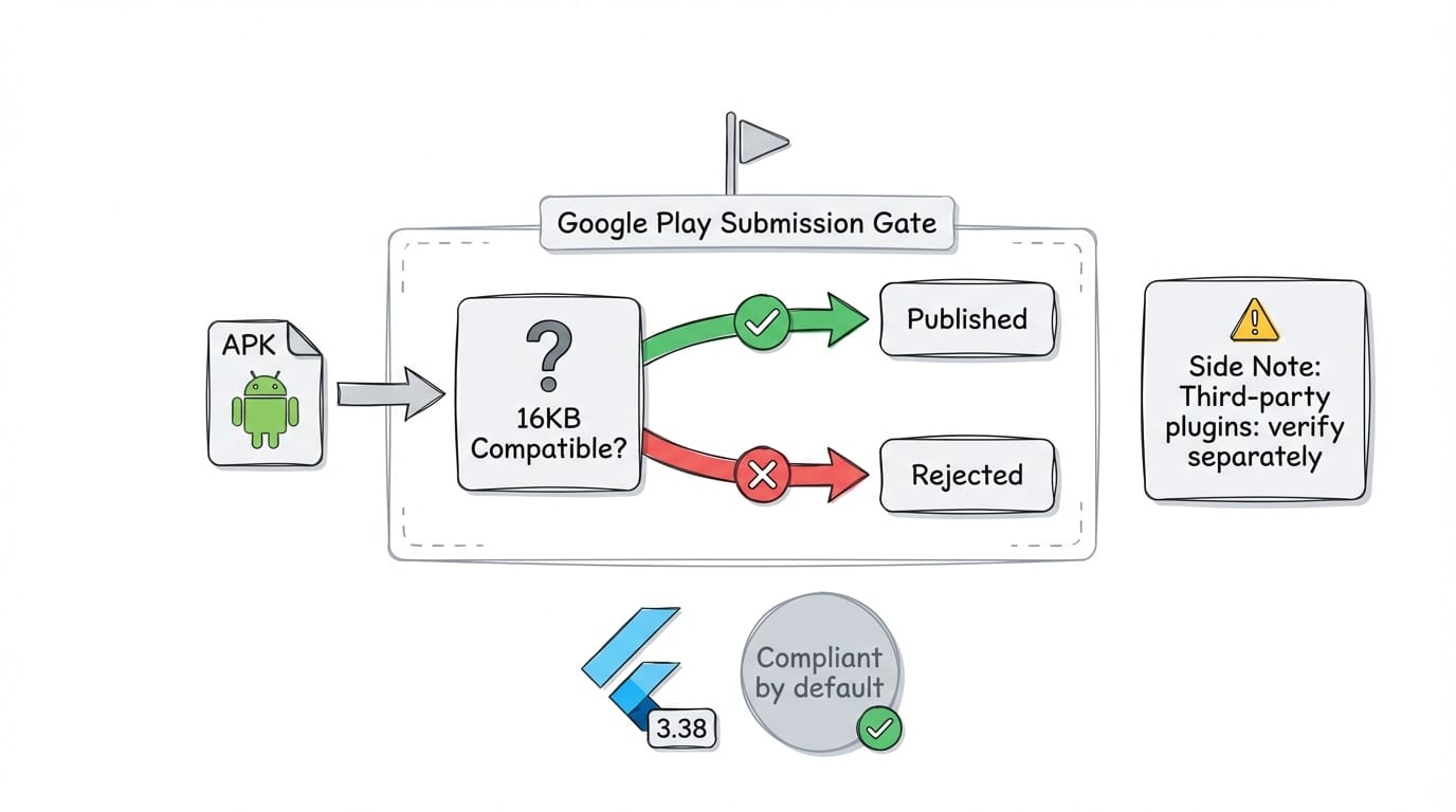 Diagram showing Android 16KB page size compliance flow for Flutter apps
