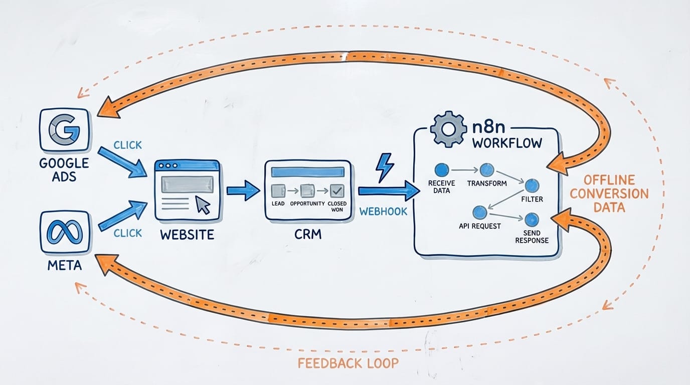Diagram showing webhook attribution flow from ad click to offline conversion feedback
