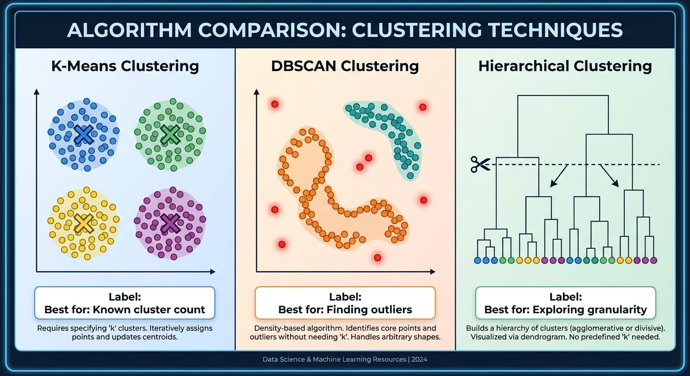 Three-panel comparison of K-Means, DBSCAN, and Hierarchical clustering approaches