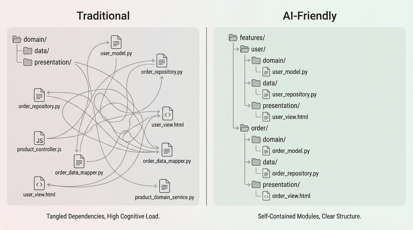 Comparison of traditional layer-first vs AI-friendly feature-first folder structures
