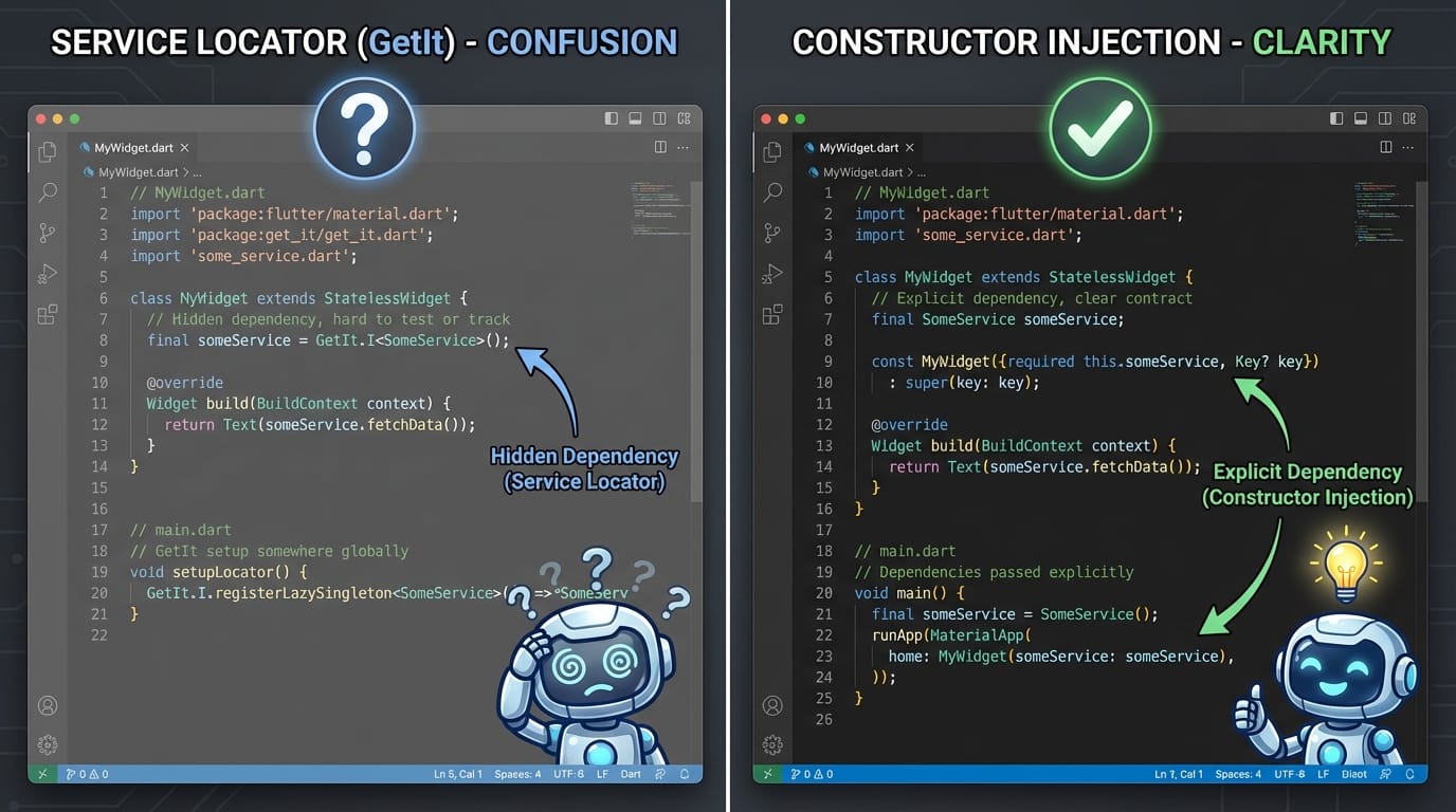 Code comparison showing service locator vs constructor injection with AI comprehension indicators