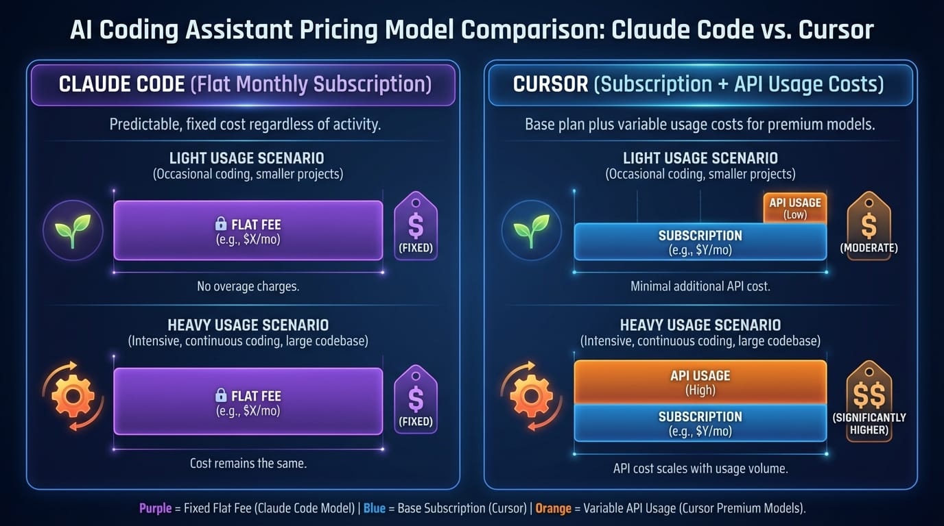 Pricing structure comparison between Claude Code and Cursor for different usage levels