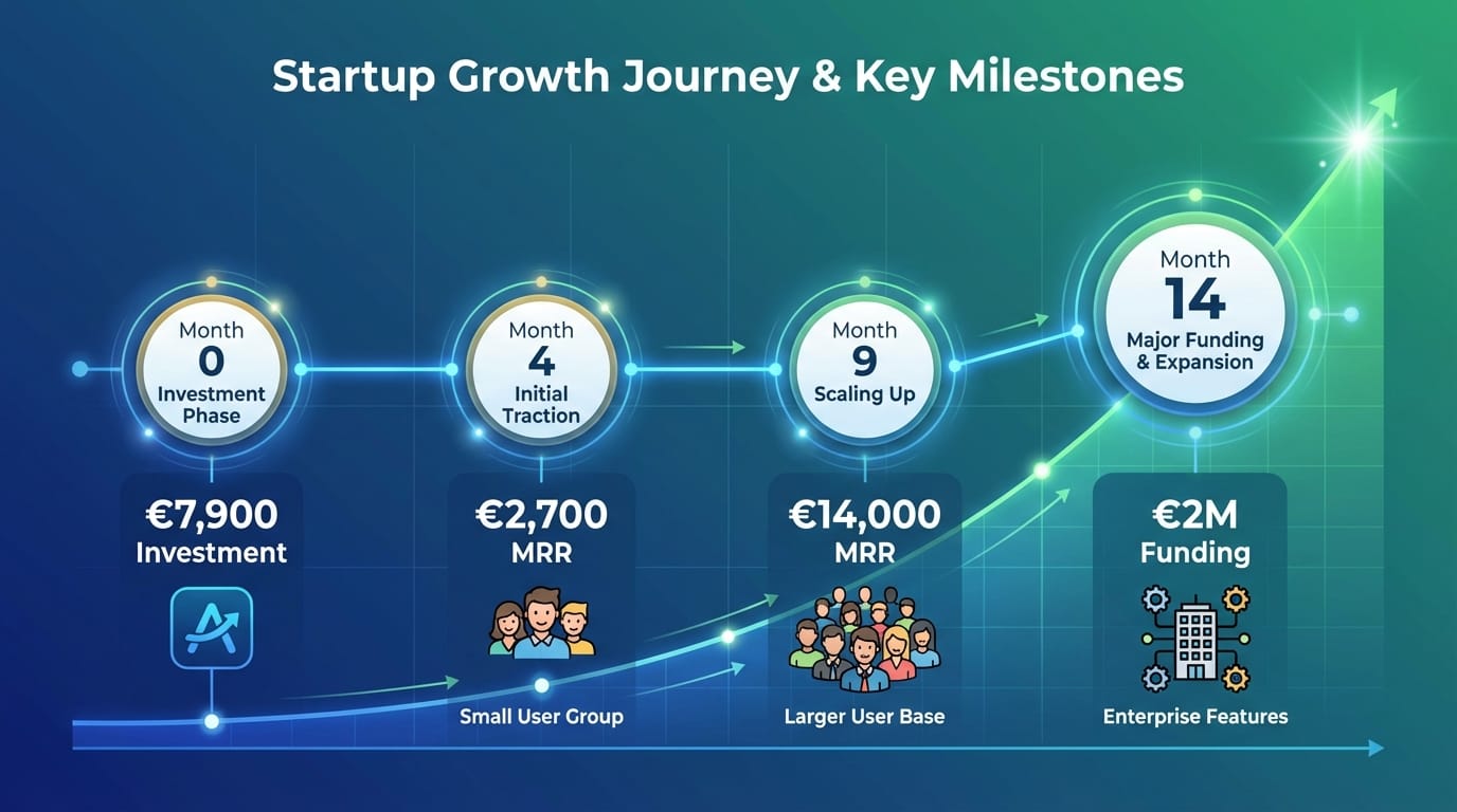 18-month timeline showing MVP growth from €7,900 to €2M with key revenue and user milestones