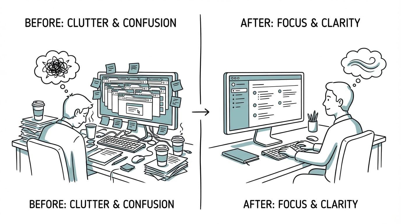 Before and after comparison of workspace showing reduction in cognitive overload