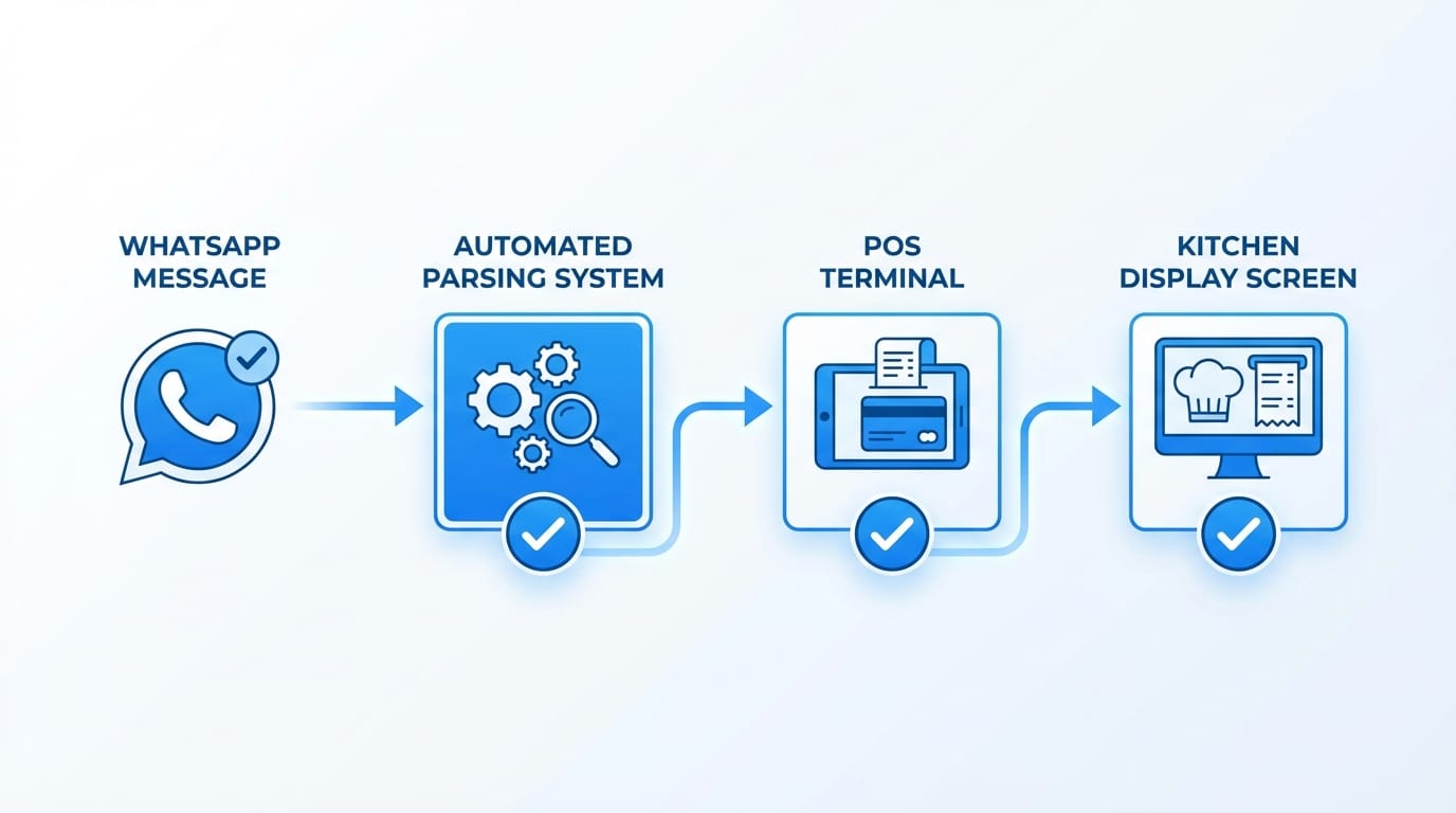 Restaurant automation workflow from WhatsApp to kitchen display