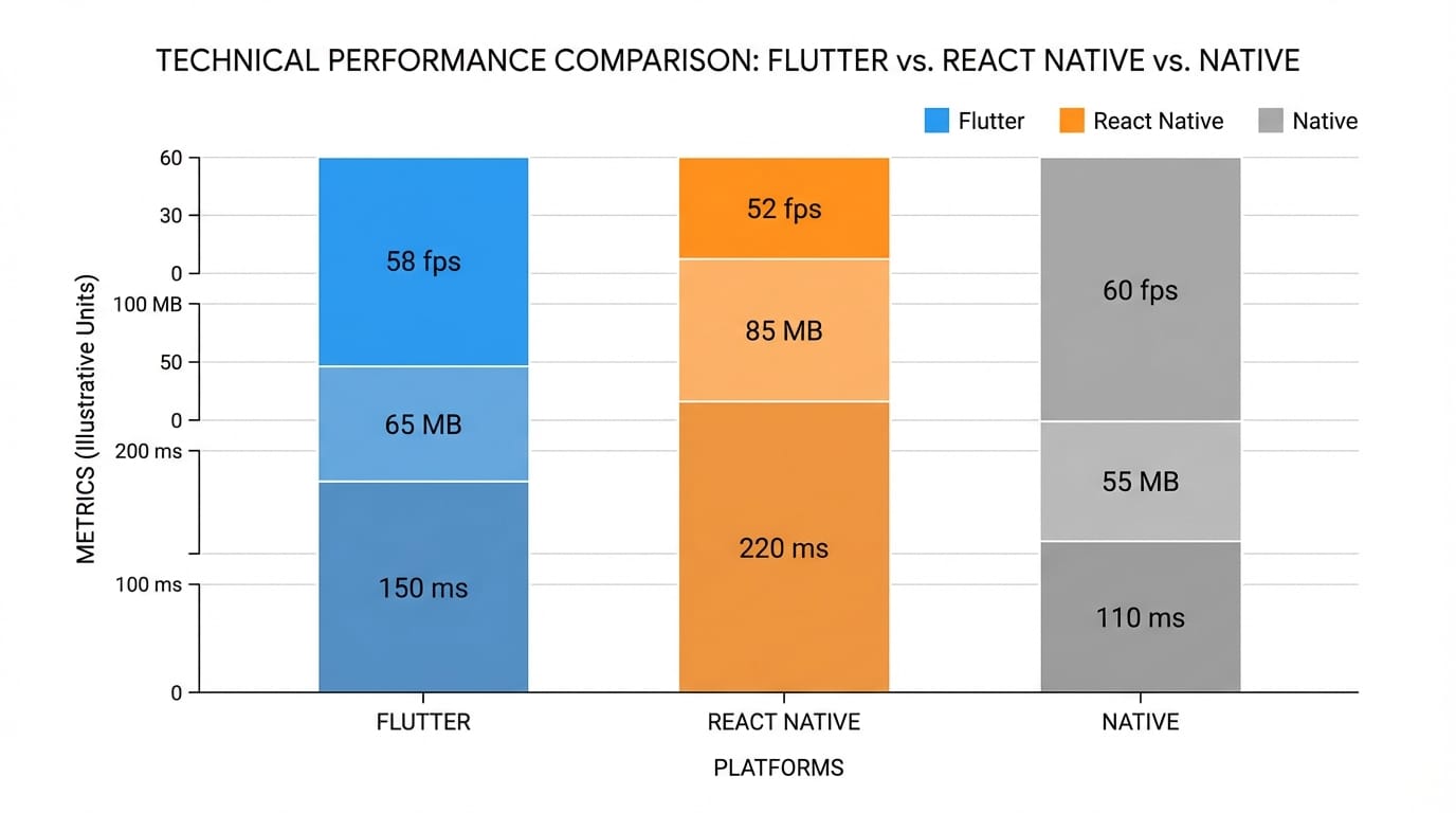 2026 performance benchmark comparison: Flutter vs React Native vs Native showing startup time, memory usage, and frame rate