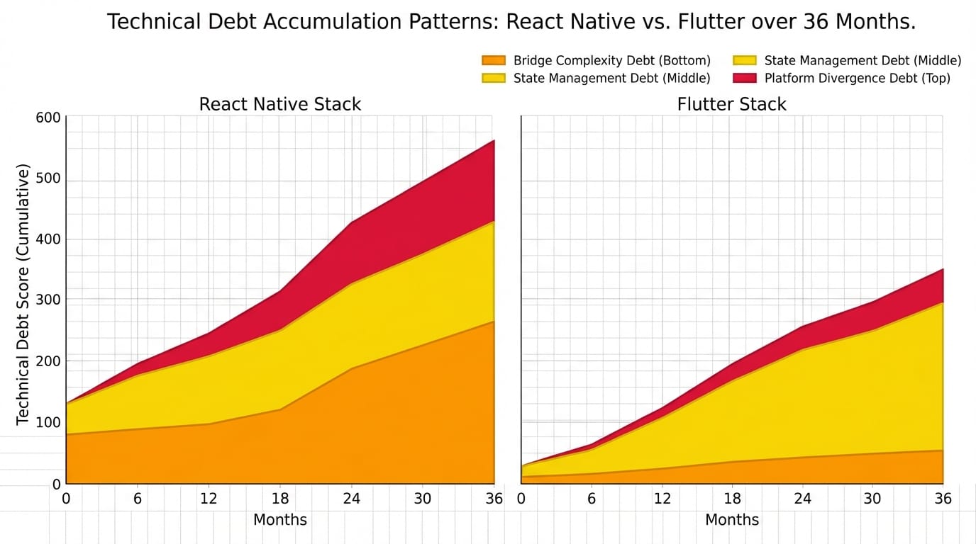 Technical debt accumulation patterns in cross-platform apps showing bridge complexity, state management, and platform divergence over three years