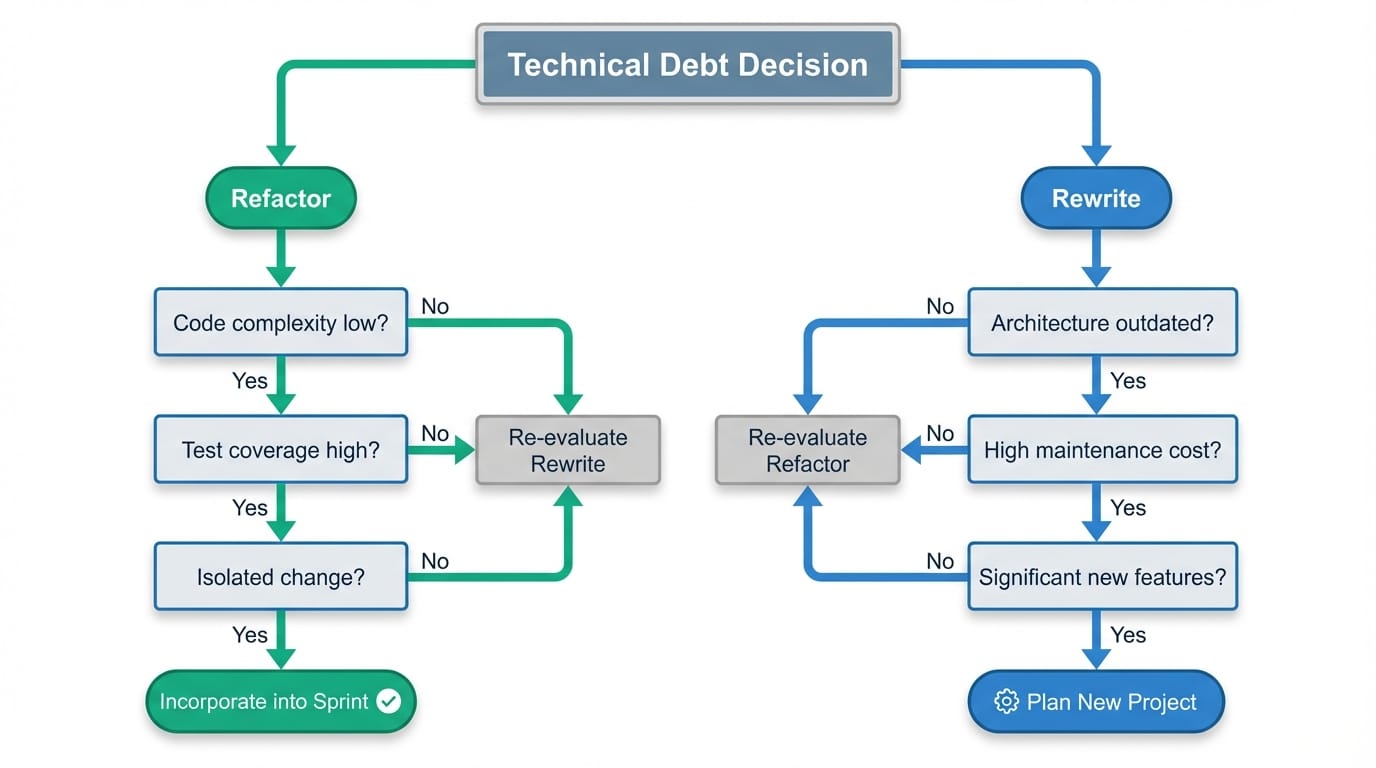 Decision framework flowchart for choosing between refactoring or rewriting cross-platform applications