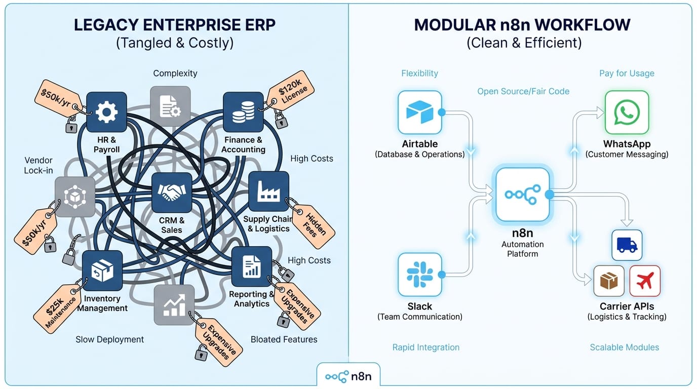 Before and after comparison: complex ERP system versus modular n8n automation workflows