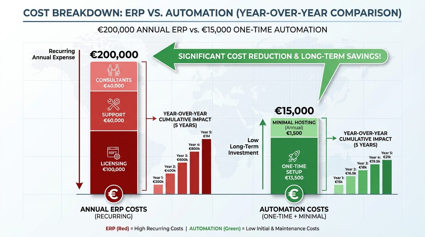 Annual cost comparison: €200K ERP versus €15K custom automation workflows