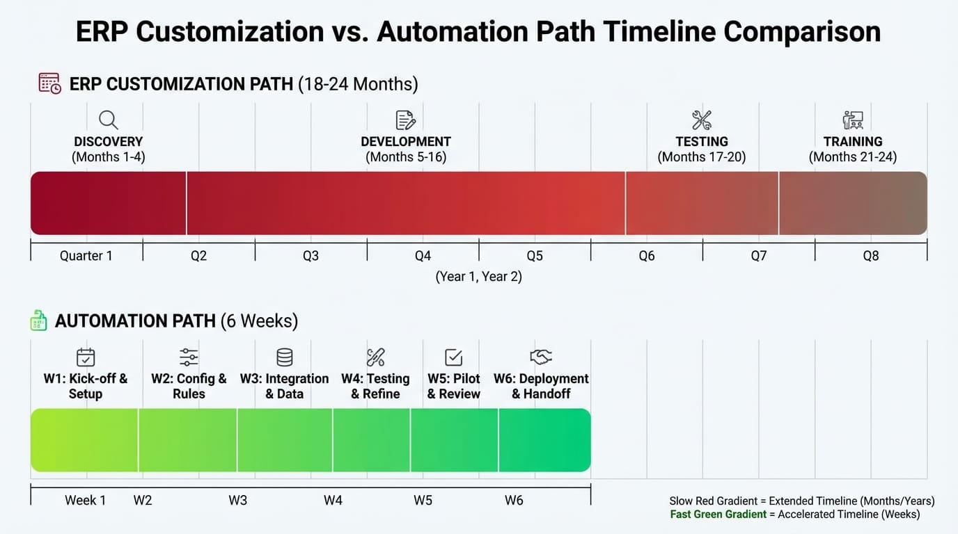 Implementation timeline: 18 months ERP customization versus 6 weeks automation deployment