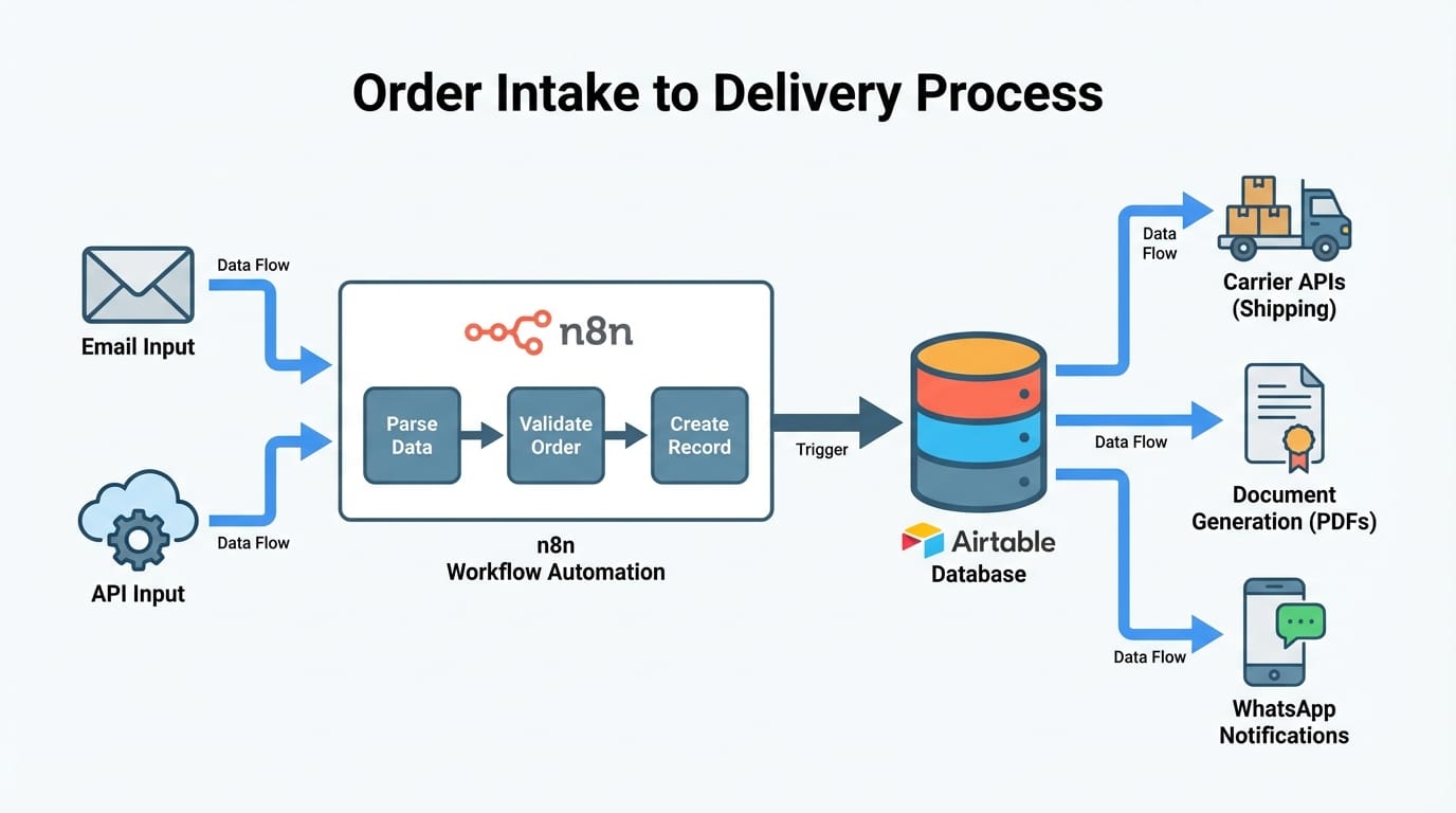 n8n workflow architecture: order processing from intake through carrier integration and customer notifications