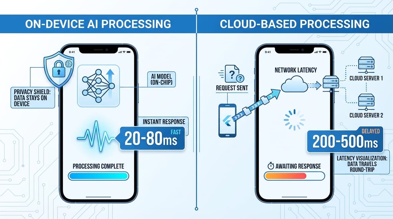 Performance comparison diagram between on-device and cloud-based AI processing showing latency differences