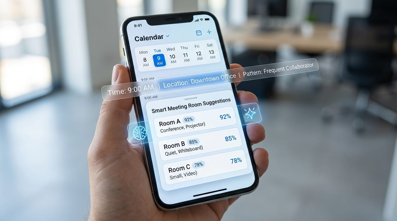 Mobile calendar interface demonstrating predictive UI with context-aware meeting room suggestions
