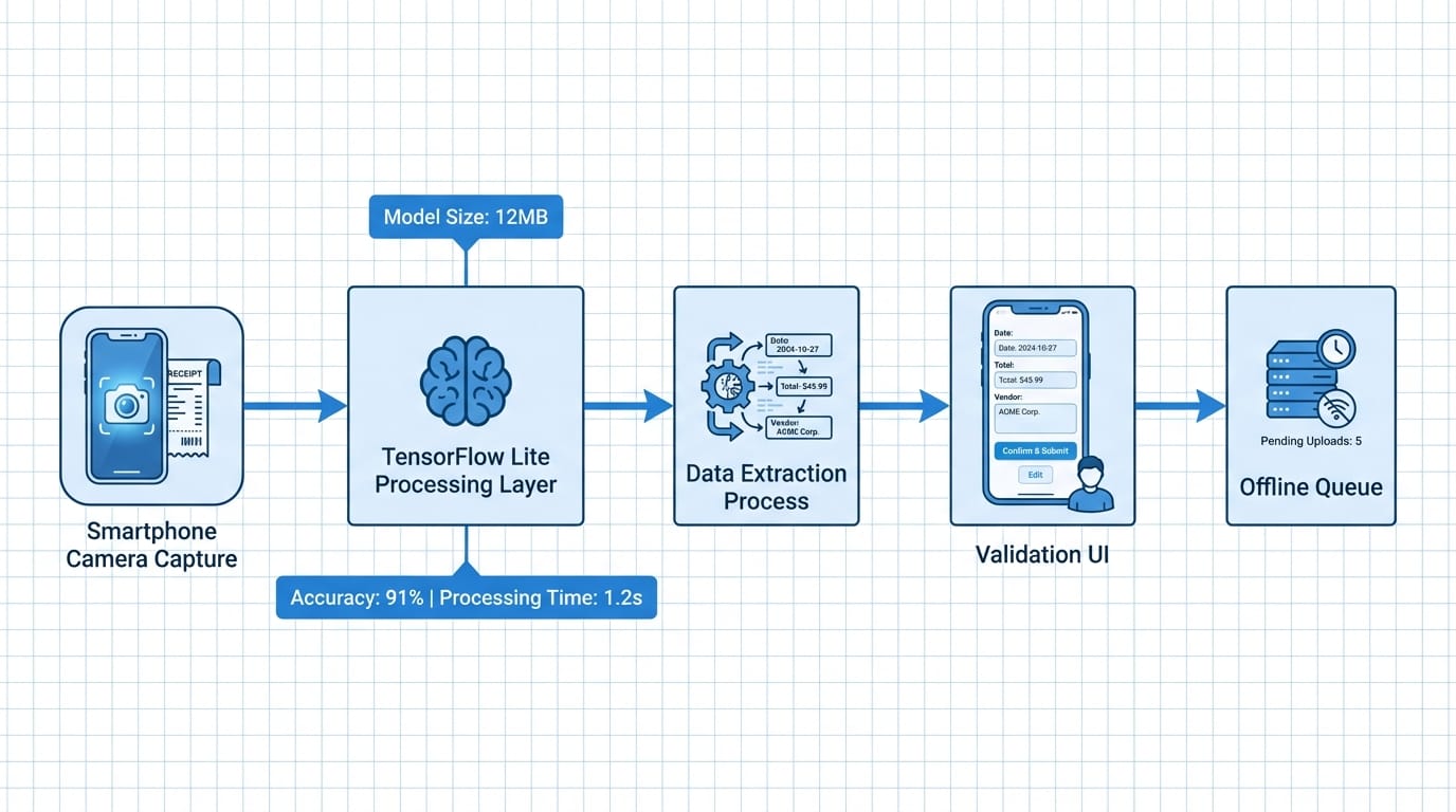 Architecture diagram of document scanning app showing TensorFlow Lite integration and data flow