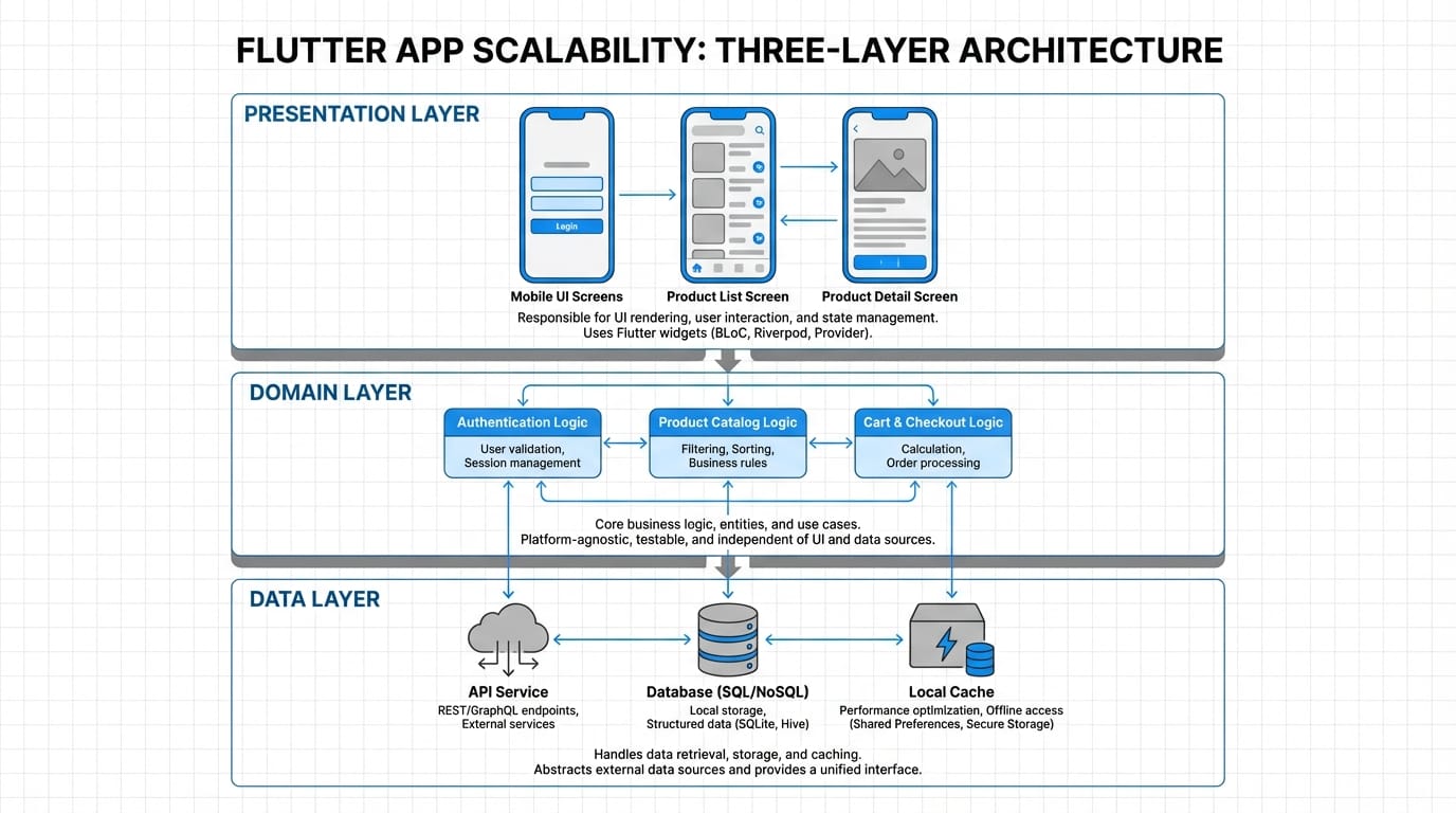 Three-layer clean architecture diagram for Flutter apps showing presentation, domain, and data layers