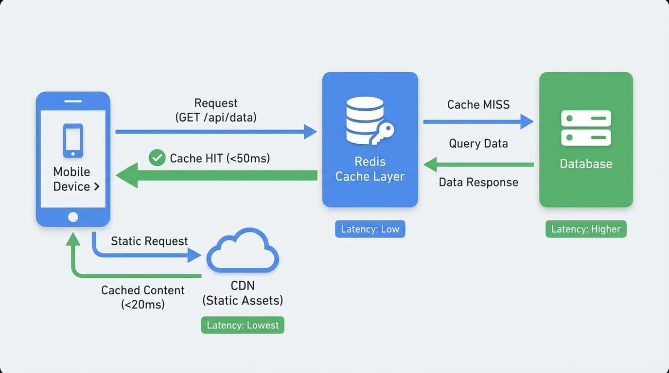 Caching strategy diagram with Redis, database, and CDN showing data flow and cache layers