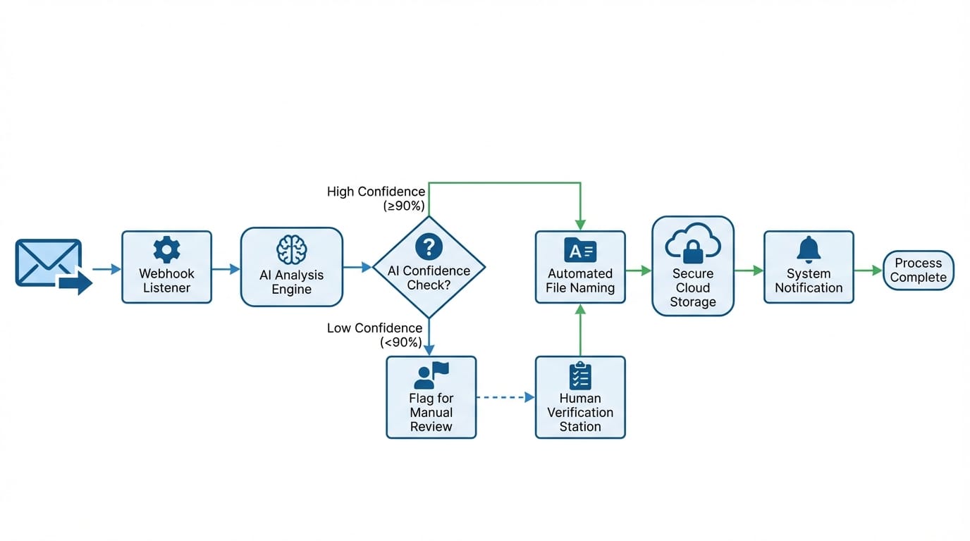 Document intake automation workflow showing email to storage with AI classification decision points