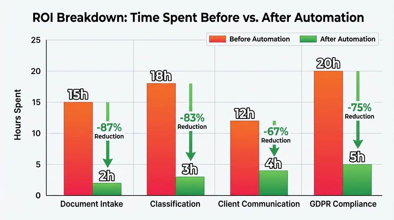 Bar chart showing time savings across document processing, classification, communication, and compliance tasks