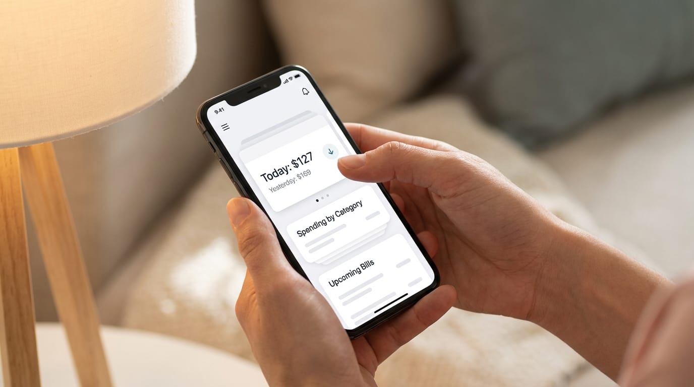 Hands holding smartphone showing financial app with daily spending comparison cards