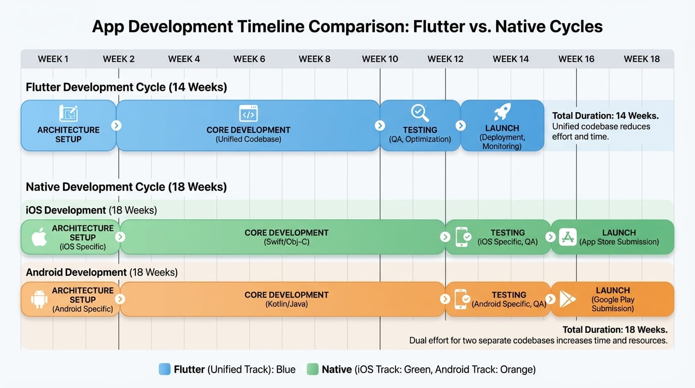 Development timeline comparison showing Flutter 14-week cycle versus native 18-week cycle with key milestones