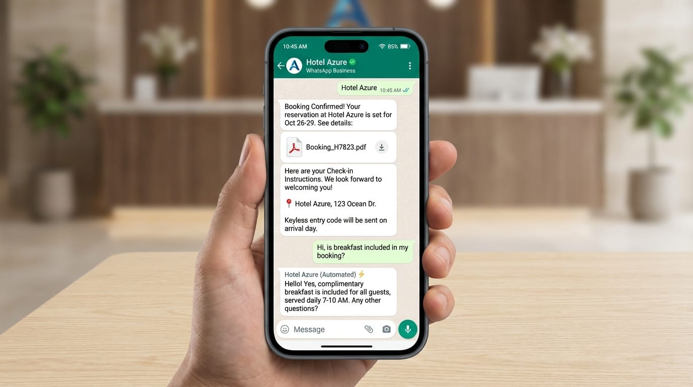 WhatsApp automated hotel communication flow on smartphone