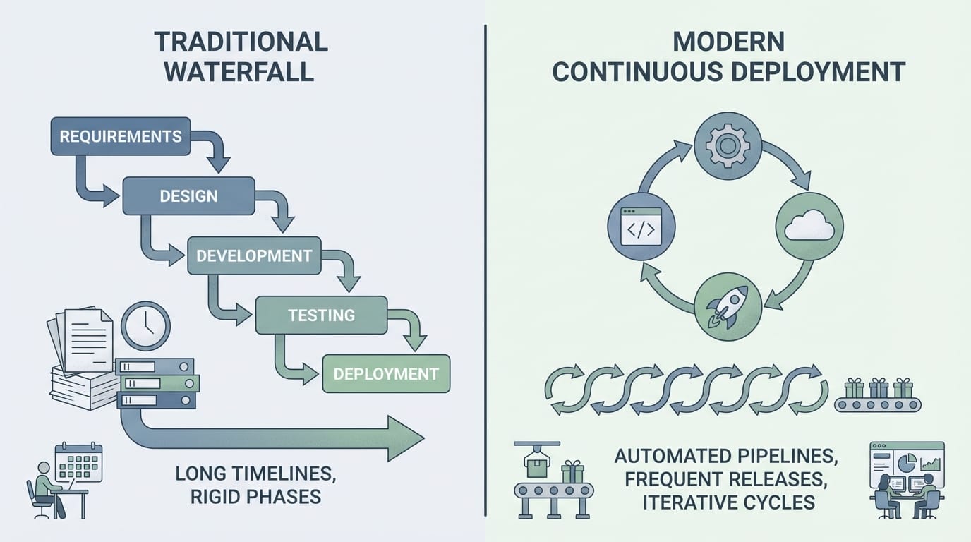 Comparison of waterfall development process versus continuous deployment workflow