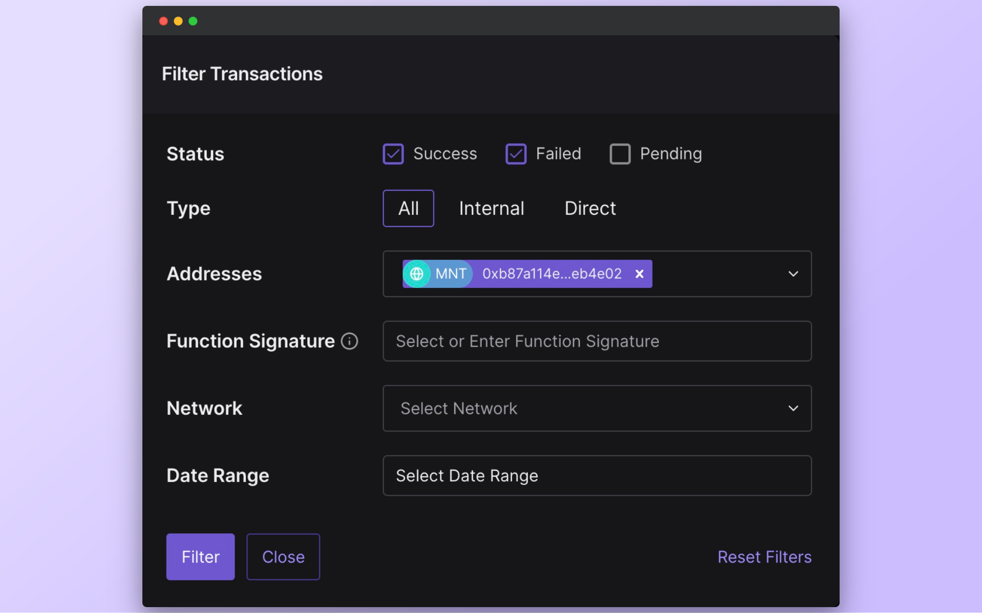 Filtering transactions within a wallet
