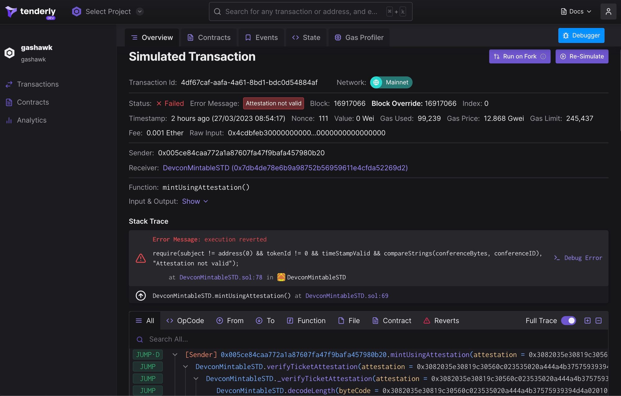 Inspecting a simulated transaction on Tenderly