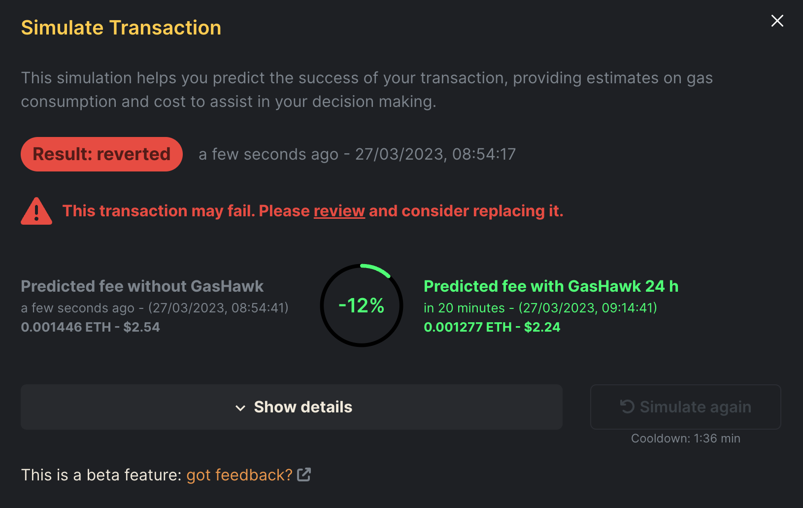 Simulating a transaction on GasHawk with Tenderly's Simulation API