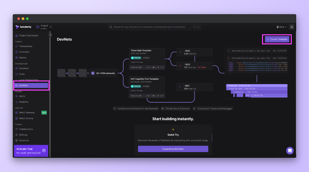 Tenderly DevNets dashboard