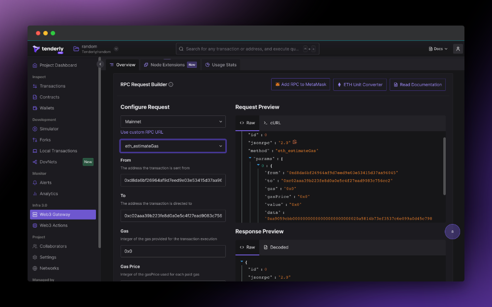 Running eth_estimateGas in Tenderly Web3 Gateway