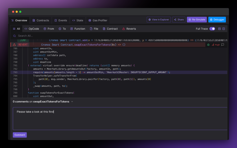 Commenting and prioritizing lines of code in Tenderly Debugger