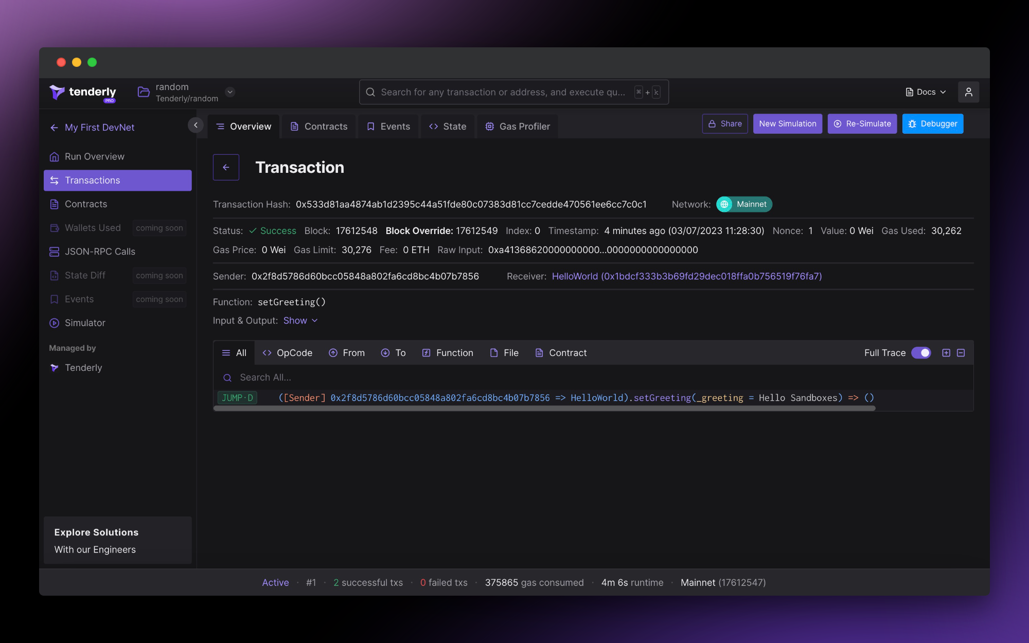 Inspecting a simulated transaction within a DevNet