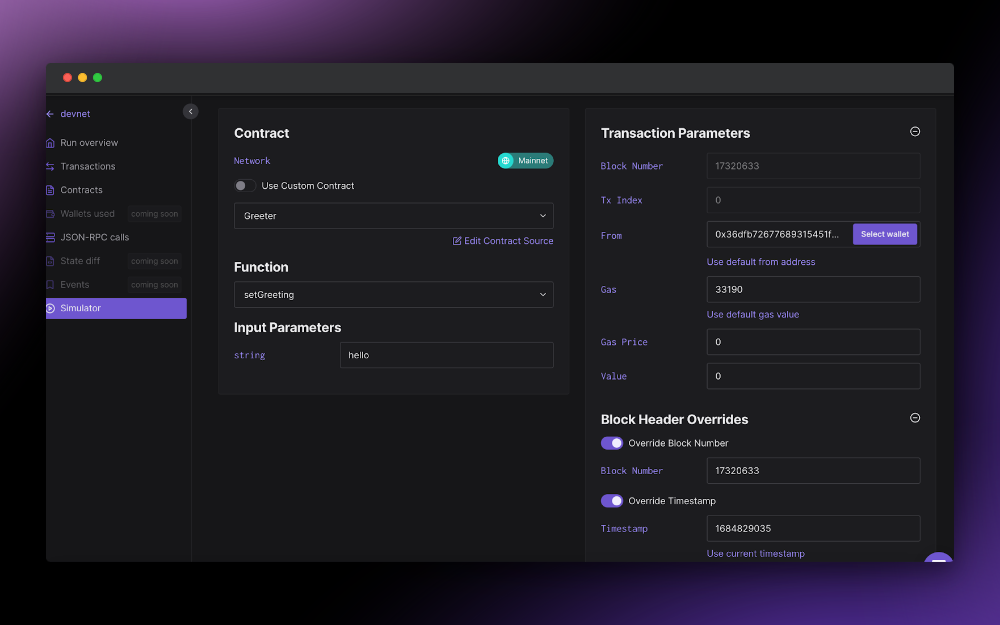 Pre-filled simulation parameters