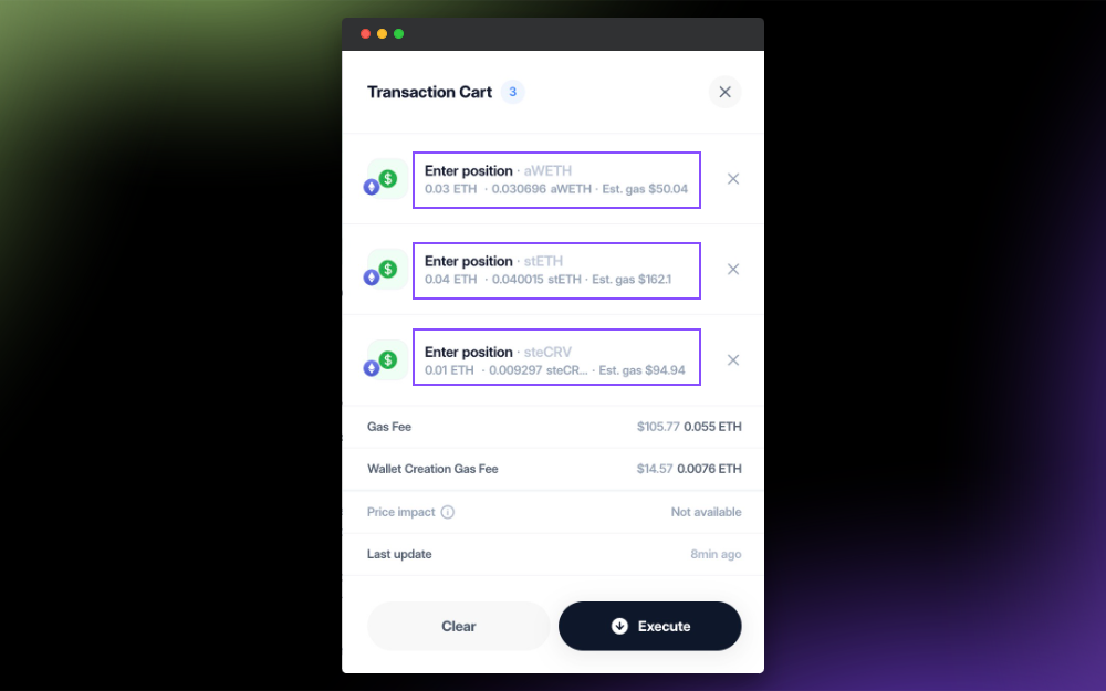 Simulated transactions with estimated earned amount and gas fees