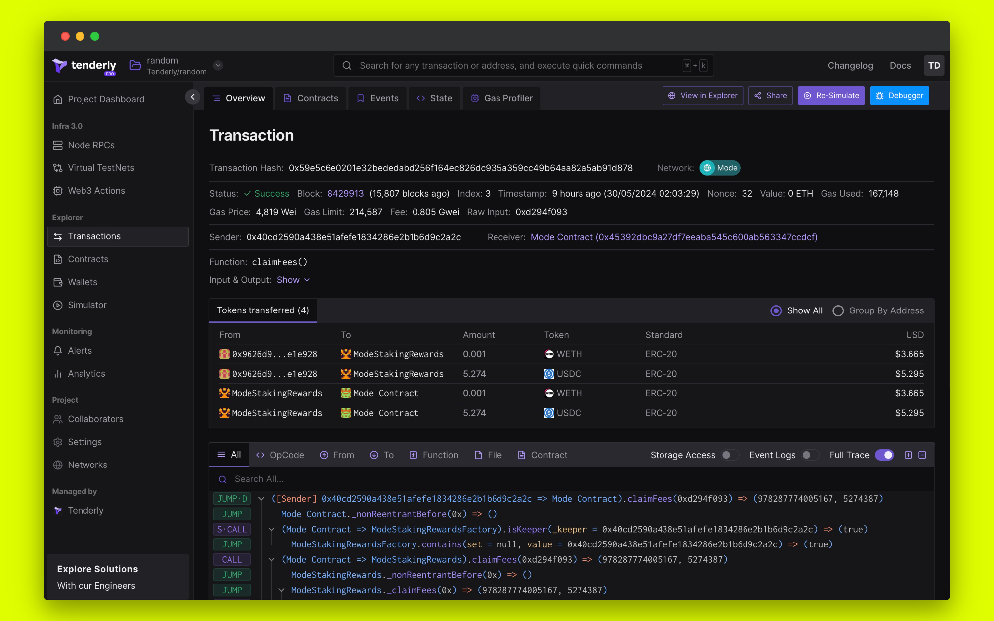 Transaction Explorer for a transaction on Mode